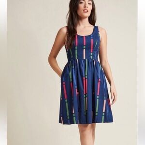 Modcloth Navy and Multicolor Patterned Midi Dress 💯 % cotton